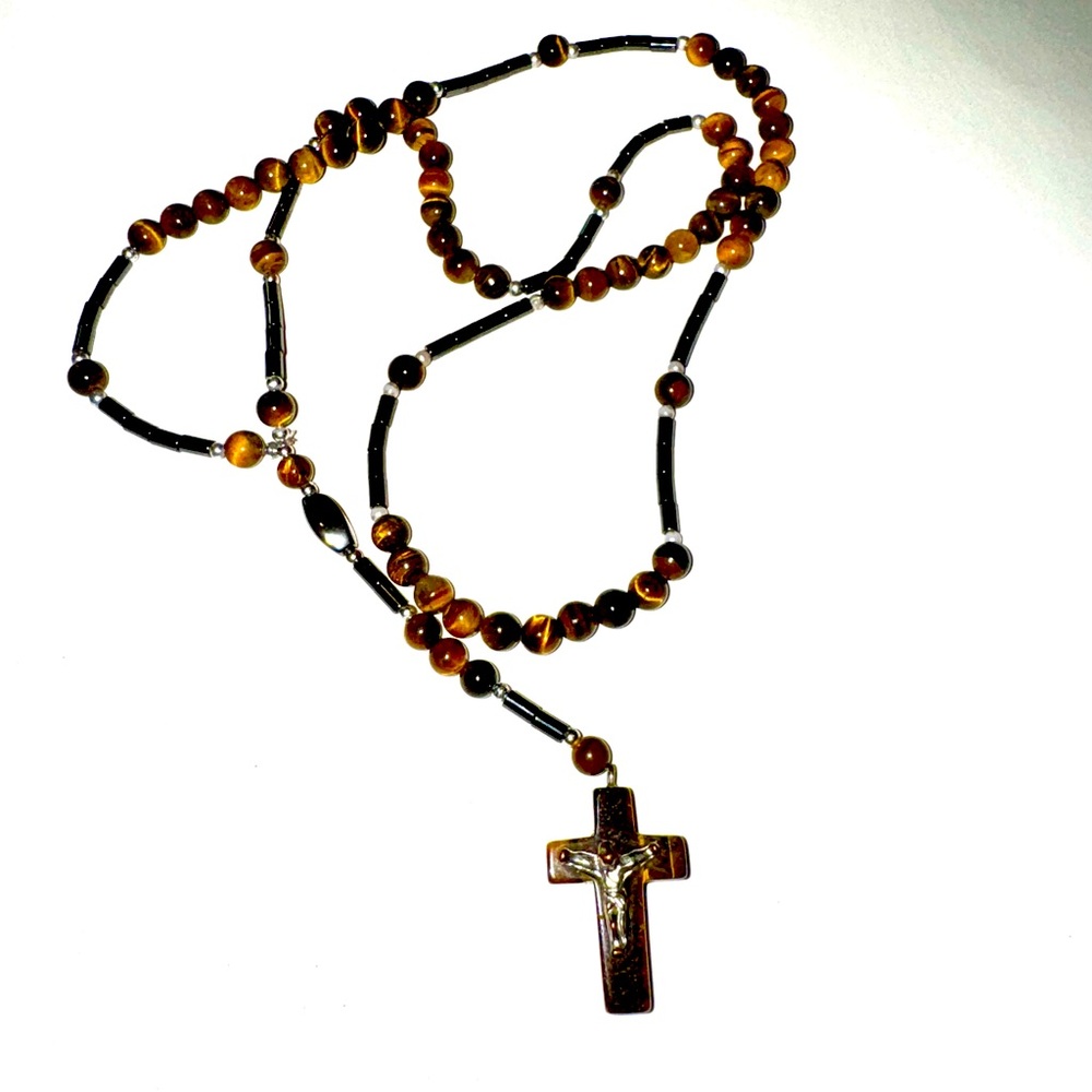 Genuine Tiger’s Eye and Hematite Crucifix Cross Necklace Men’s Women’s Unisex